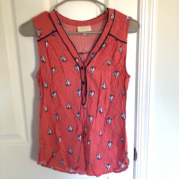 ModCloth Orange Stripped Button Tank with Sailboats - Picture 1 of 5